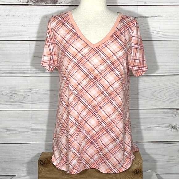 LuLaRoe Tops - NWOT Christy T LuLaRoe Peach Plaid Short Sleeve Tee Top Size Large